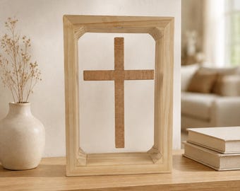 Floating Cross Shadow Box, Magnetic Levitation Christian Decor, Custom Stain Wood Cross, Religious Gift, Handmade Faith Decor