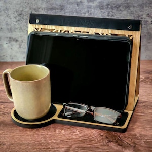 Charging Station Leather Valet Nightstand Organizer Bedside Table Accessory Maple Wood Construction Tablet Stand Holder Tech Storage Solution Glasses Keeper Reading Station Book Storage System Practical Bedroom Addition Elegant Home Decor