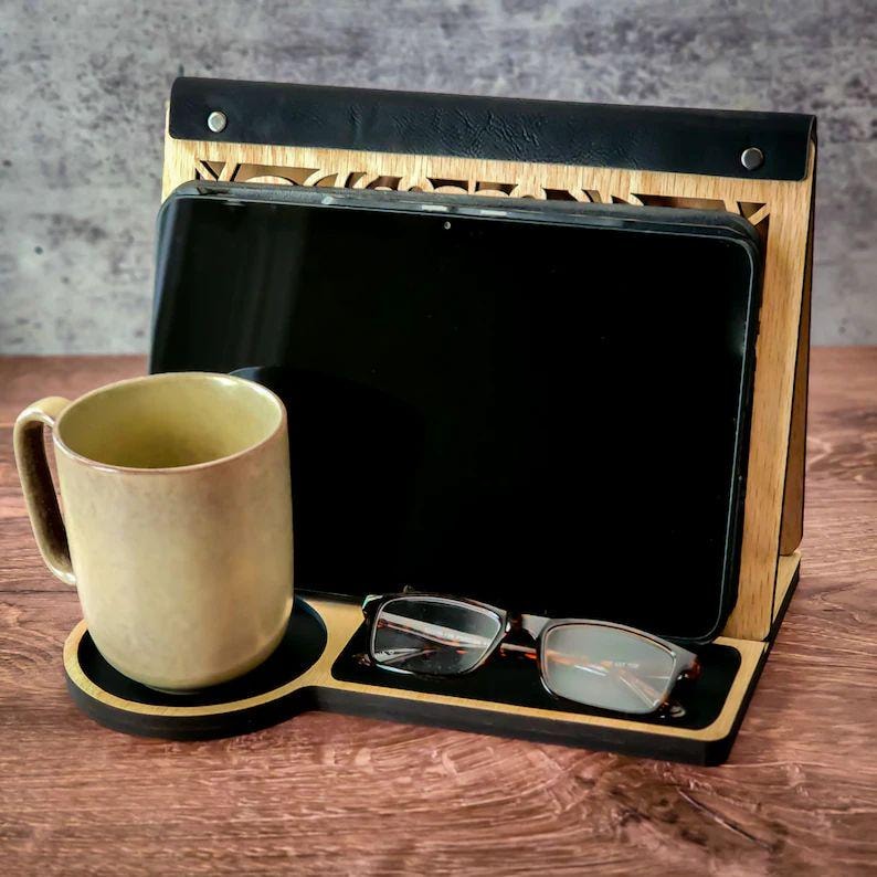 Charging Station Leather Valet Nightstand Organizer Bedside Table Accessory Maple Wood Construction Tablet Stand Holder Tech Storage Solution Glasses Keeper Reading Station Book Storage System Practical Bedroom Addition Elegant Home Decor