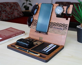 Personalized Wood Docking Station Men's Organizer Phone Stand