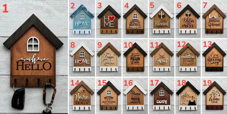 Housewarming Gift Wooden Key Holder Wall Mount Design House Shaped Organizer Entryway Decor Solution Handcrafted Wood Construction Real Estate Closing Present Perfect New Home Gift Essential Key Storage System Rustic Modern Style Functional