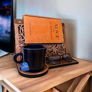 Book Valet Stand Rustic Leather Nightstand Organizer & Tablet Holder - Unique Gift for Book Lovers
