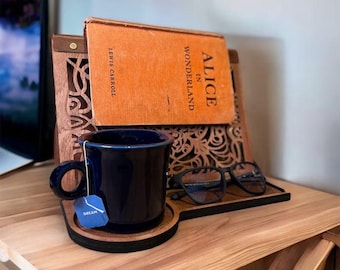 Book Valet Stand Rustic Leather Nightstand Organizer & Tablet Holder - Unique Gift for Book Lovers