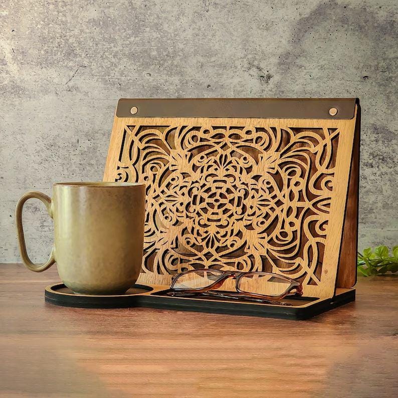 Gift Idea Leather Valet Nightstand Organizer Bedside Table Accessory Maple Wood Construction Reading Station Book Storage Solution Tablet Stand Holder Tech Friendly Design Glasses Storage Charging Dock Perfect Bedroom Addition Practical