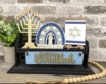 Hanukkah Insert Set | Happy Hanukkah Décor with Menorah, Star of David & Rainbow | Jewish Holiday Table Decoration | Blue and Gold Hanukkah