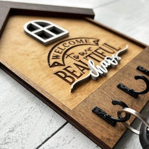 Handcrafted Wood Key Organizer House Shaped Design Wall Mount Holder Rustic Modern Style Entryway Decor Solution Practical Storage System Daily Organization Essential Perfect Housewarming Gift Real Estate Closing Present New Home