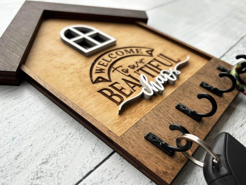 Handcrafted Wood Key Organizer House Shaped Design Wall Mount Holder Rustic Modern Style Entryway Decor Solution Practical Storage System Daily Organization Essential Perfect Housewarming Gift Real Estate Closing Present New Home