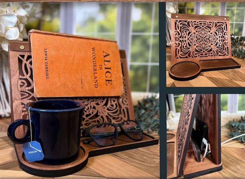 Maple Wood Tablet Stand Leather Book Valet Nightstand Organizer Bedside Table Accessory Reading Station Glasses Holder Charging Dock Tech Storage Solution Book Lover Essential Daily Use Item Practical Bedroom Addition Elegant Home Decor