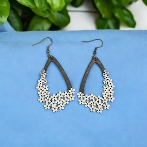 Wooden Teardrop Earring Flower Design Floral Piece Nature Inspired Botanical Accessory Boho Style Rustic Jewelry Dangle Drop Lightweight