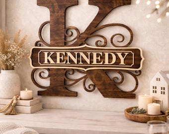 Letrero de madera con monograma, idea de regalo de boda, decoración personalizada para pared del hogar, estilo rústico, inicial del nombre de la familia, diseño personalizado, abedul.