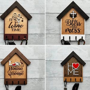 Wall Mount Key Holder Wooden House Shaped Design Entryway Organization Solution Rustic Modern Home Decor Handcrafted Wood Construction Practical Daily Use Item Perfect Housewarming Gift Real Estate Closing Present Beautiful Decorative Piece