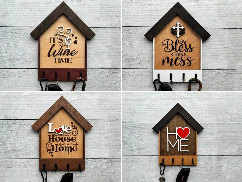 Wall Mount Key Holder Wooden House Shaped Design Entryway Organization Solution Rustic Modern Home Decor Handcrafted Wood Construction Practical Daily Use Item Perfect Housewarming Gift Real Estate Closing Present Beautiful Decorative Piece