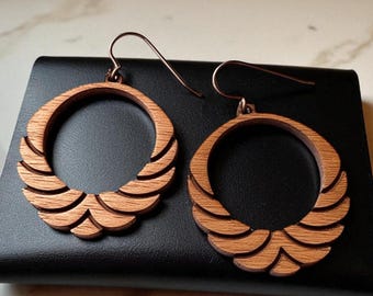 Wooden Hoop Earring Geometric Design Nature Inspired Bohemian Style Statement Jewelry Laser Cut Wood Accessory Everyday Wear Lightweight