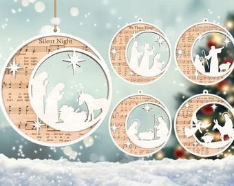Wooden Music Sheet Nativity Ornament: Christian Christmas Carol Decor