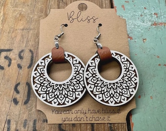 Boho Wooden Earrings Intricate Mandala Design Statement Earrings Faux Leather Engraved Wood Gift for Her, Bliss Quote