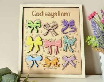 Christian Wall Art Bible Verse Wooden Sign Girls Room Faith Decor Baptism Gift Nursery Display Religious Affirmation Bow Design Prayer