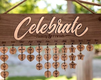 Calendario de cumpleaños de madera Tablero de celebración familiar Exhibidor Recordatorio de cumpleaños Letrero de pared de madera Regalo personalizado para el tablero de cumpleaños familiar