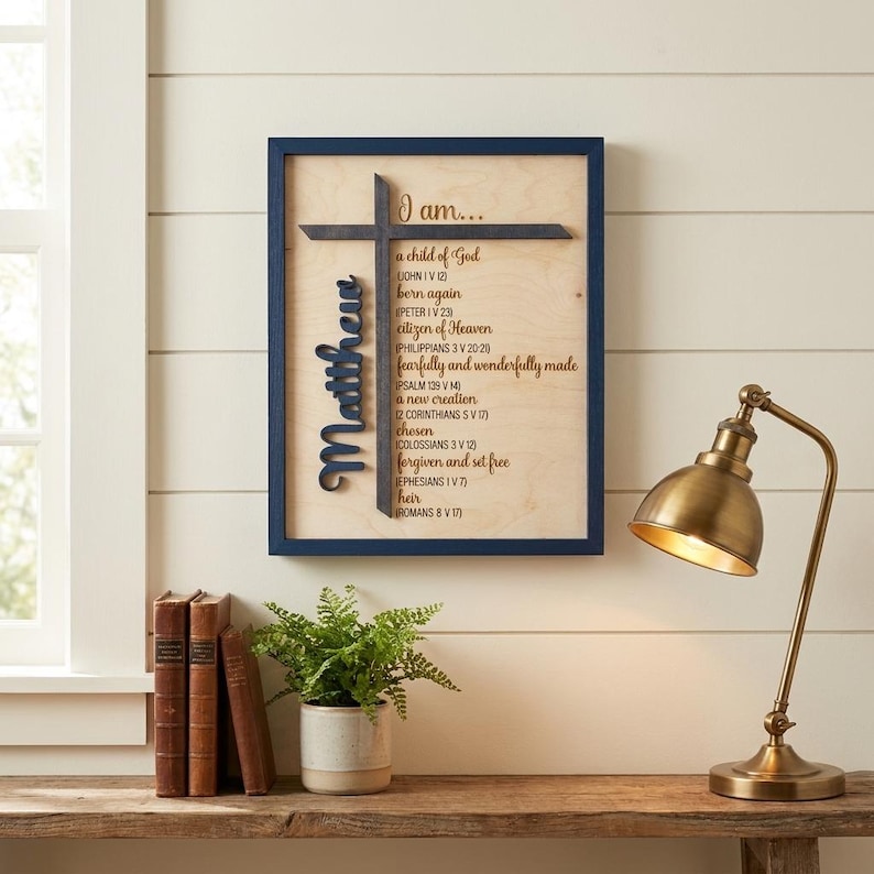 May include: A rectangular wall sign with a dark blue frame and a light wood background. It features a dark cross, the name Matthew in script, and the text I am... followed by a list of religious phrases and Bible verses in dark lettering.
