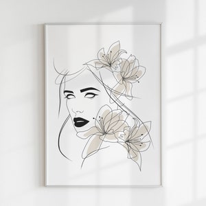 Woman Line Art With Flowers, Woman Face Line Art Print,Neutral Colors, Face and Flowers,Minimal Wall Art Digital Download