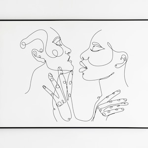 Arte de línea lesbiana, dos caras dibujo de línea, cartel lésbico, impresión de pareja, arte de pared mínima, descarga instantánea