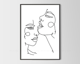 Two Faces Line Artone Line Printabstract Face Drawingfemale Etsy