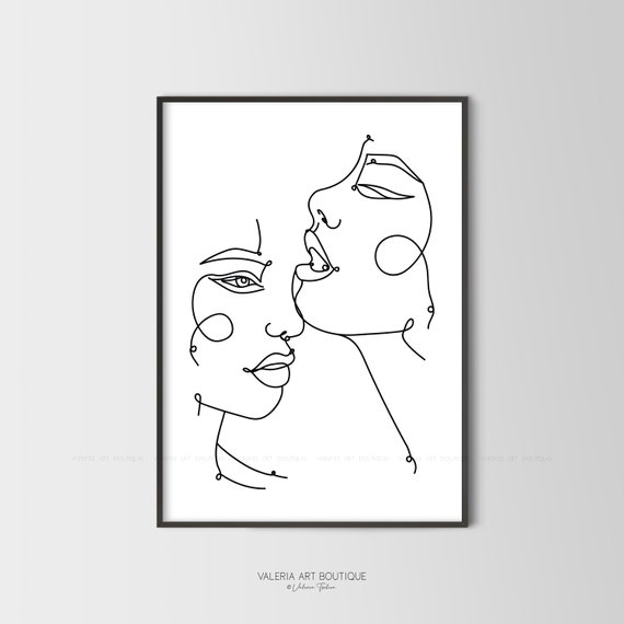 Two Faces Line Art One Line Print Abstract Face Drawing Female Poster Black And White Printable Art Minimalist Wall Art