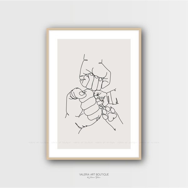 Family Hands,One Line Art,Family Of Three,Dog Paw,Minimalist Wall Art,Hands Print,Beige Color,Digital Download