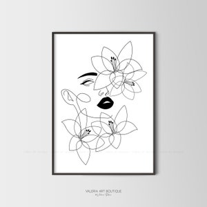 Woman Face In Flowers, Woman One Line Art Print, Abstract Female Face, Floral Poster, Minimal Printable Art, Digital Download