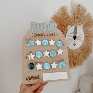 May include: A wooden reward chart with the name "Phoenix's" at the top. The chart has a blue and white monster truck theme with stars and a space for a reward. The chart is hanging on a wall with a lion-shaped wall decor.