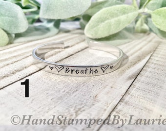 Breathe Cuff, hand stamped bangle, meditation, yoga, support, mental health, support, recovery, silver jewelry, gift exchange, secret santa