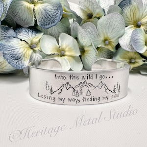 Into the wild I go cuff bracelets, nature jewelry, mountains and trees, wander, hiking, camping, outdoors, wilderness, skiing, gift under 30
