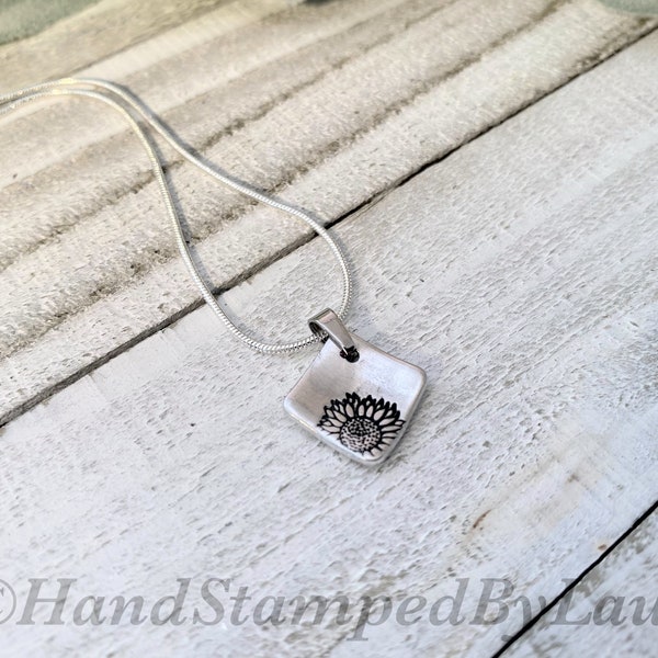 Tiny Sunflower necklace, hand stamped, silver necklace, fall, good luck, autumn, flower, charm, girlfriend, wife, mother, friend, sunshine