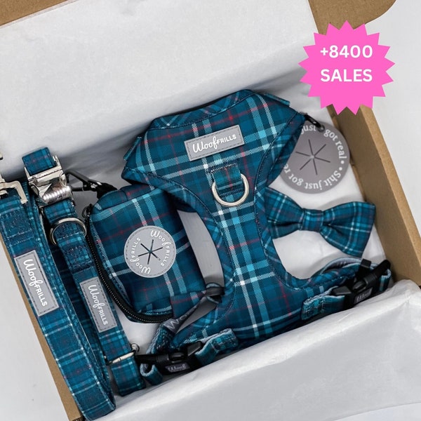 Blue dog harness bundle of your choice, Tartan dog harness and leash set , Puppy gift box, Puppy harness, Small harness, Dachshund harness