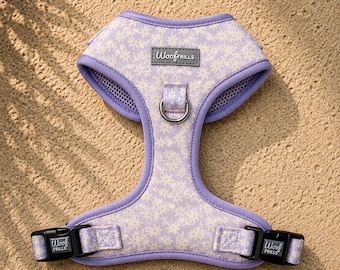 Lilac Floral Dog Harness, Adjustable Puppy Comfort Fit, Daisy Pattern