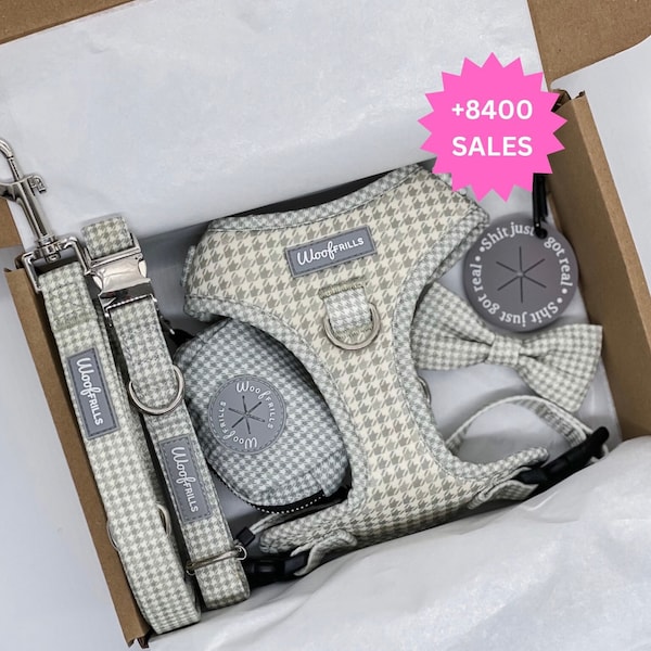 Houndstooth dog harness bundle of your choice, Sage harness and leash set , Puppy gift, Pupppy harness, Small harness, Wedding dog harness