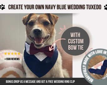 Navy blue Dog wedding tuxedo, CUSTOM colour bow tie, Dog wedding outfit, Dog wedding bandana, Dog wedding attire, Wedding outfit for dogs