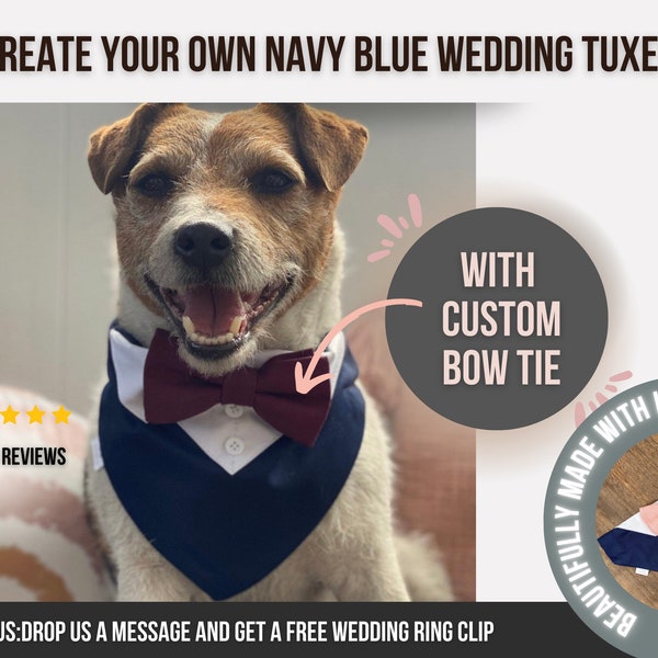 Marineblauwe hond bruiloft smoking, aangepaste kleur vlinderdas, hond bruiloft outfit, hond bruiloft bandana, hond bruiloft kleding, bruiloft outfit voor honden