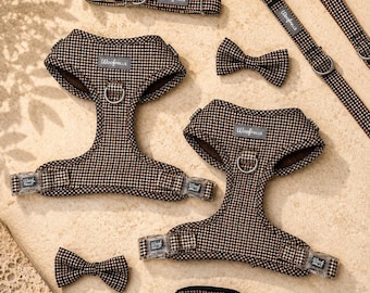 Conjunto clásico de arnés para perro a cuadros a elegir, collar y correa a juego, arnés ajustable para cachorros, caja de regalo para perros pequeños, arnés para teckel