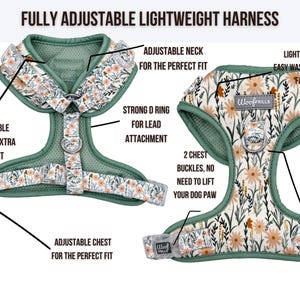 A fully adjustable lightweight dog harness featuring a sage green and white floral pattern. It includes breathable mesh, two chest buckles, and two metal D-rings for lead attachment. The text reads FULLY ADJUSTABLE LIGHTWEIGHT HARNESS.