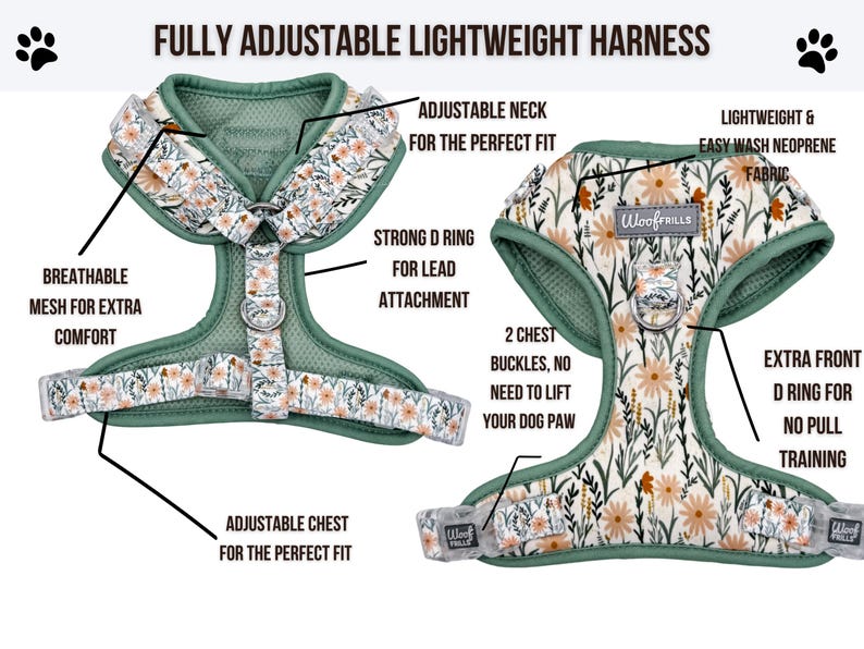 A fully adjustable lightweight dog harness featuring a sage green and white floral pattern. It includes breathable mesh, two chest buckles, and two metal D-rings for lead attachment. The text reads FULLY ADJUSTABLE LIGHTWEIGHT HARNESS.