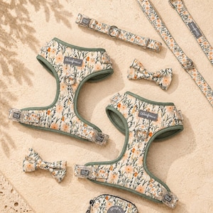 May include: A pet accessory set featuring two harnesses, a collar, a lead with a metal clip, two bow ties, and a small waste bag dispenser. Each item has a cream background with a floral pattern of orange and yellow flowers and green leaves.