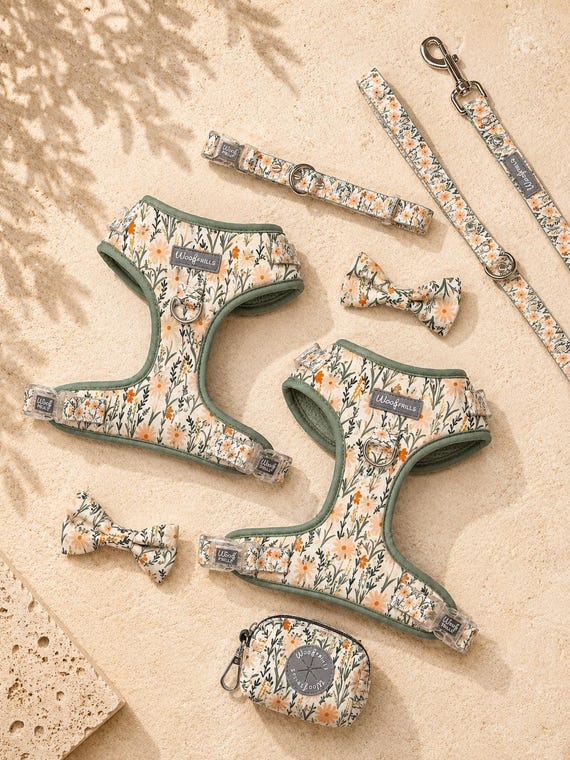 Floral Daisy Dog Harness Bundle of your choice, Matching Harness Collar & Leash Set, Adjustable Puppy Harness, Dog Gift Box