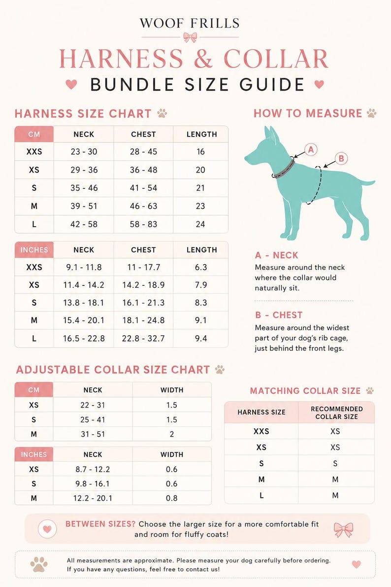 Puede incluir: Una gu&iacute;a de tallas para arneses y collares Woof Frills con tablas de medidas en cent&iacute;metros y pulgadas. Incluye un diagrama de un perro que muestra d&oacute;nde medir el cuello y el pecho, adem&aacute;s de una tabla de tallas de collares a juego.