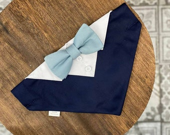 Navy blue Dog wedding tuxedo with Dusty blue bow tie  - Ivory dog wedding attire and dusty blue  bow tie - Over the collar wedding bandana
