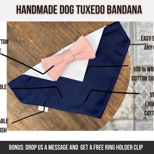 Puede incluir: Bandana de esmoquin para perro hecha a mano con una pajarita rosa, una camisa de algod&oacute;n blanco y un cuello azul marino. La bandana est&aacute; hecha de 100% algod&oacute;n y es f&aacute;cil de ajustar para que se ajuste a cualquier collar.  "Bonus: D&eacute;janos un mensaje y obt&eacute;n un porta anillos gratis."