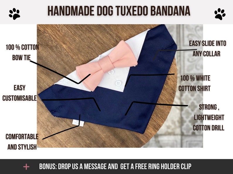 Puede incluir: Bandana de esmoquin para perro hecha a mano con una pajarita rosa, una camisa de algod&oacute;n blanco y un cuello azul marino. La bandana est&aacute; hecha de 100% algod&oacute;n y es f&aacute;cil de ajustar para que se ajuste a cualquier collar.  "Bonus: D&eacute;janos un mensaje y obt&eacute;n un porta anillos gratis."