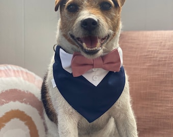 Dog wedding tuxedo with bow tie - Over the collar wedding bandana - Navy blue dog wedding attire