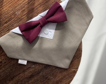 Beige Dog tuxedo with Burgundy bow tie - Beige wedding attire with Burgundy bow tie  - Over the collar dog wedding bandana