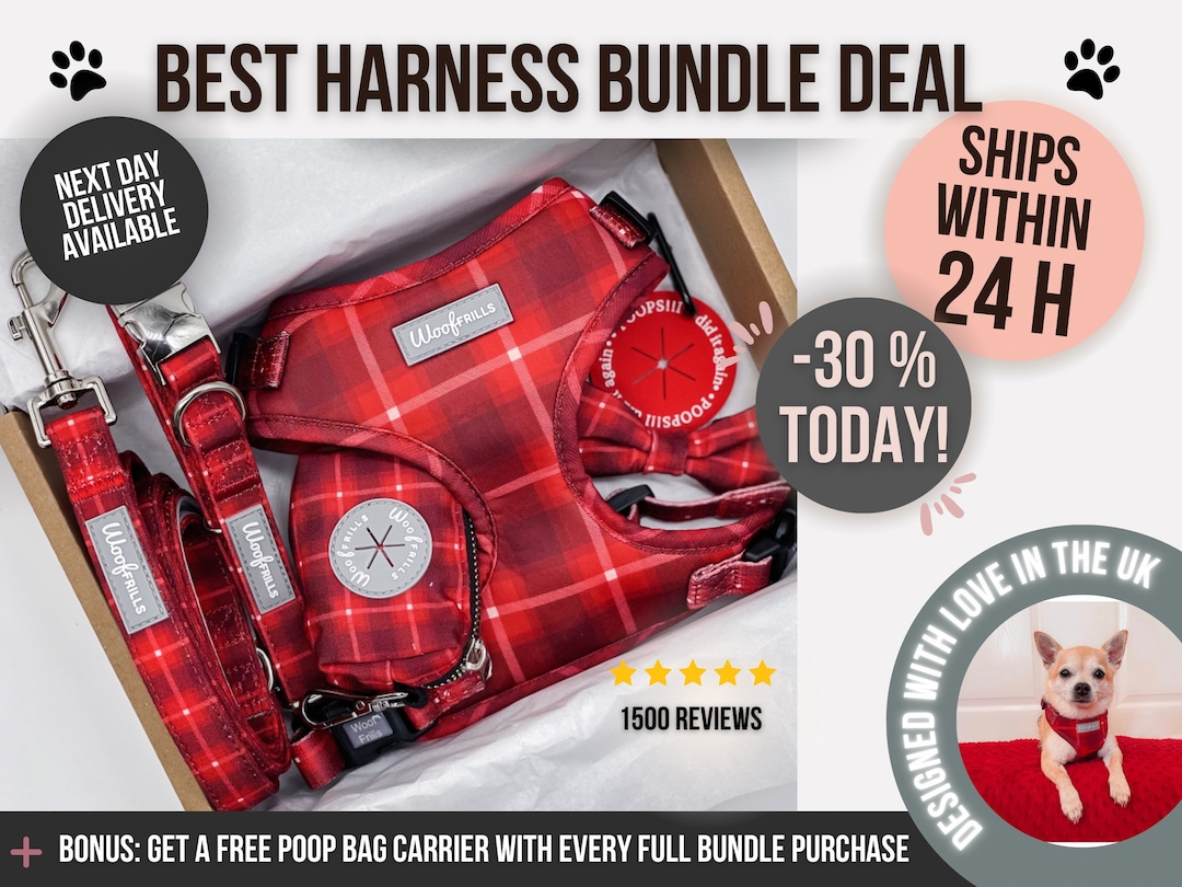 Red Dog Harness Set, Tartan Dog Harness, Bundle of Your Choice