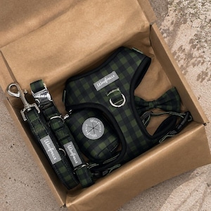 Green Tartan Dog Harness Bundle of your Choice, Collar, Lead Set, Adjustable Puppy Harness